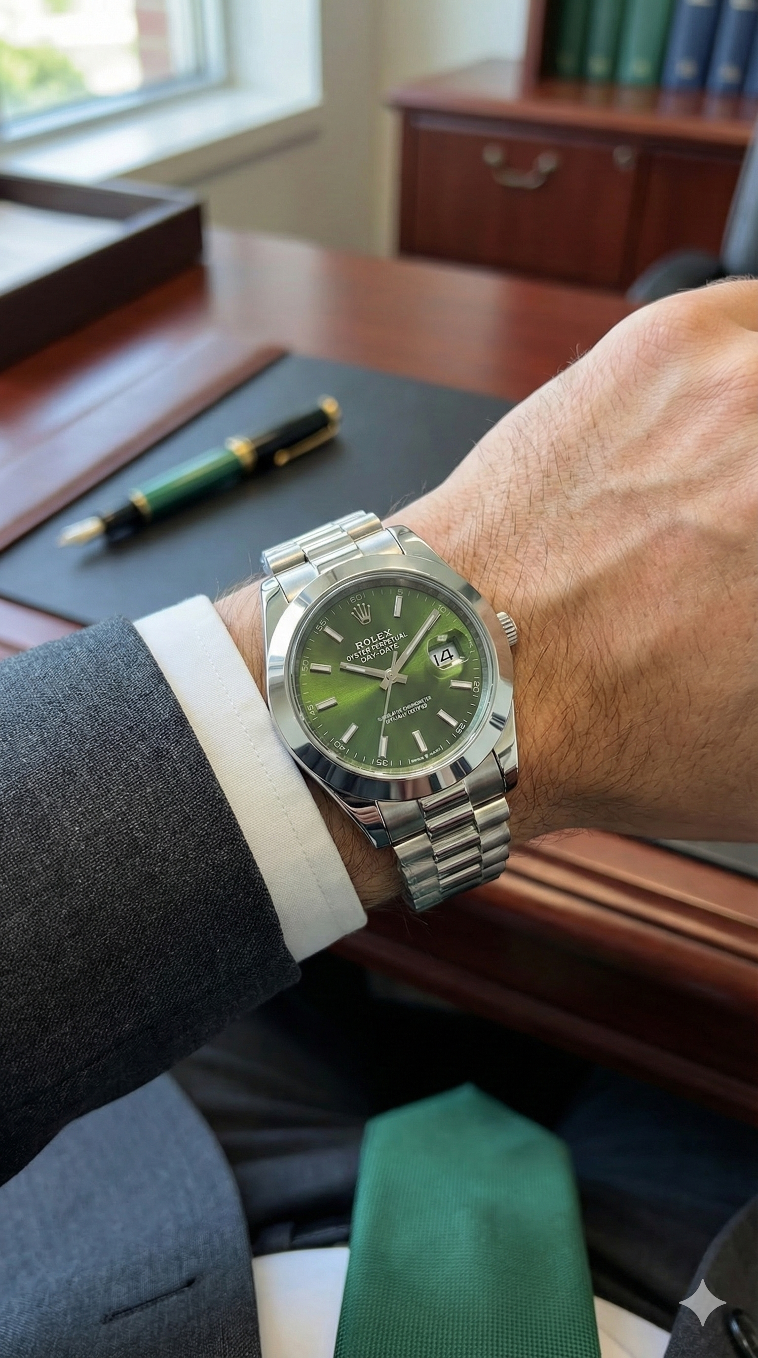 Oyster Perpetual Silver & Green Quartz Watch