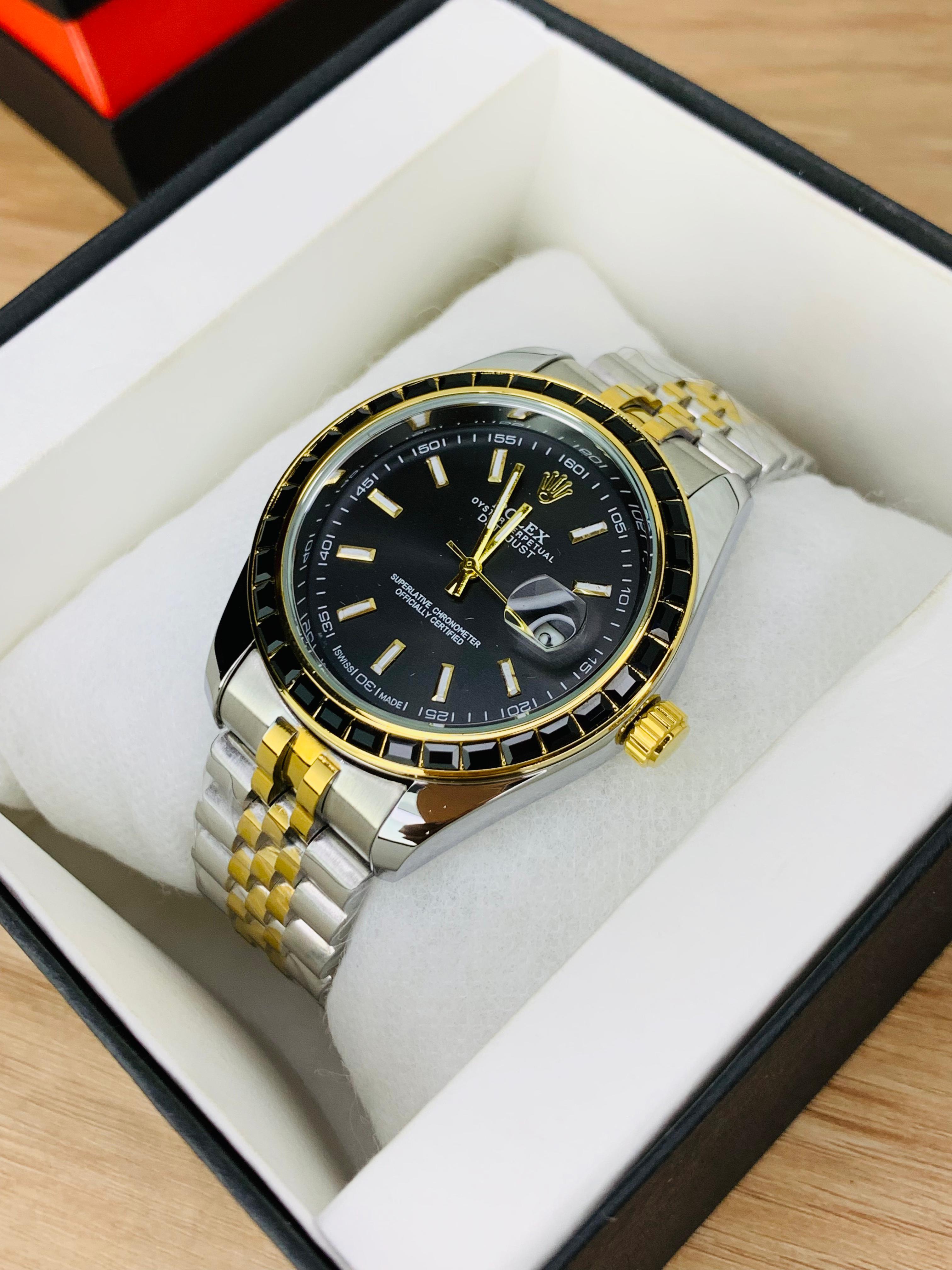Rolex Stone Dial Luxury Black Men’s Stainless Steel Watch –  Two Tone Jubilee Bracelet & Date Display | Regal Time Gallery