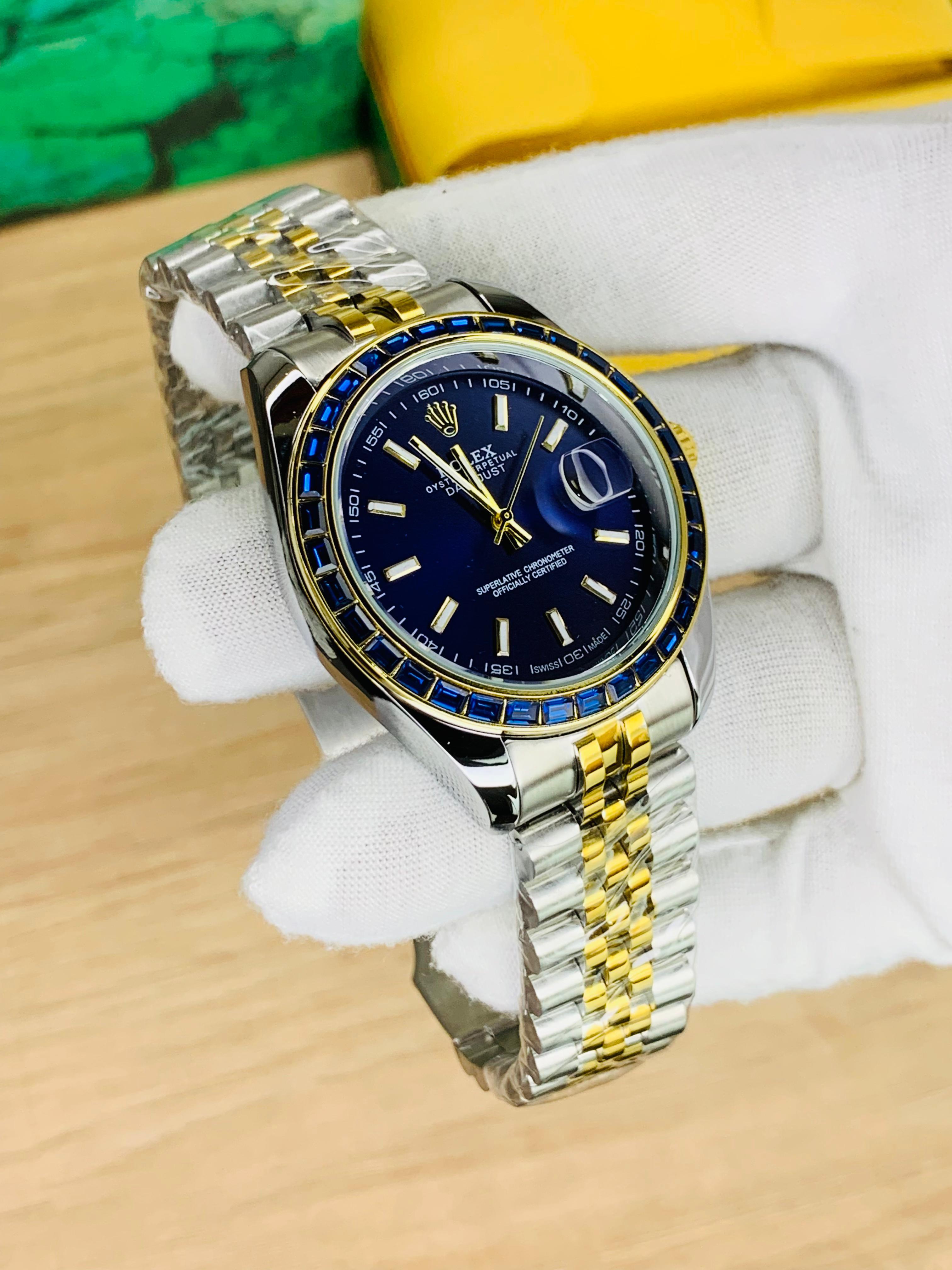 Two-tone stainless steel jubilee chain luxury men’s watch with blue stone dial and date display