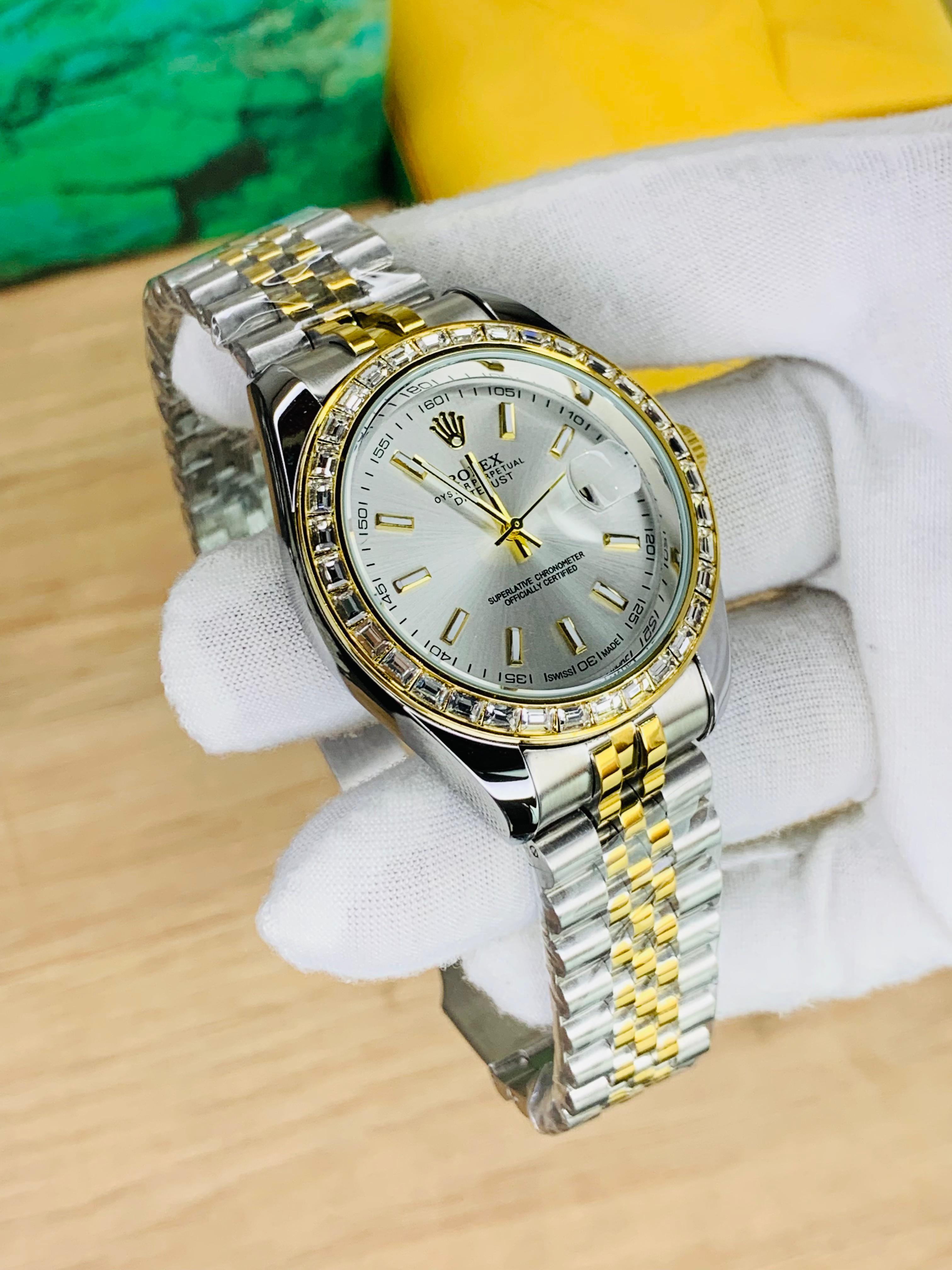 Two-tone stainless steel jubilee chain luxury men’s watch with white stone dial and date display