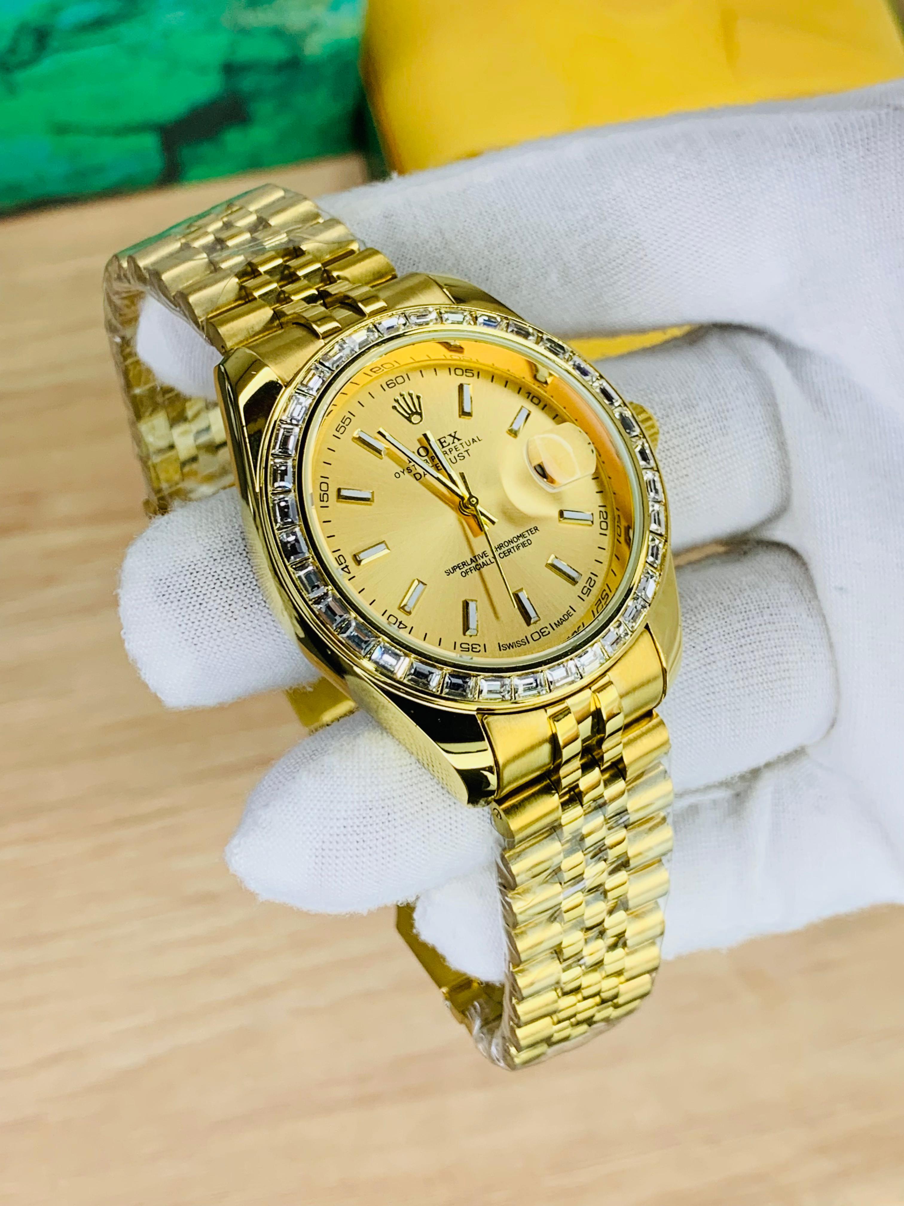 Full Golden Stone Dial luxury men’s stainless steel watch with jubilee Chain