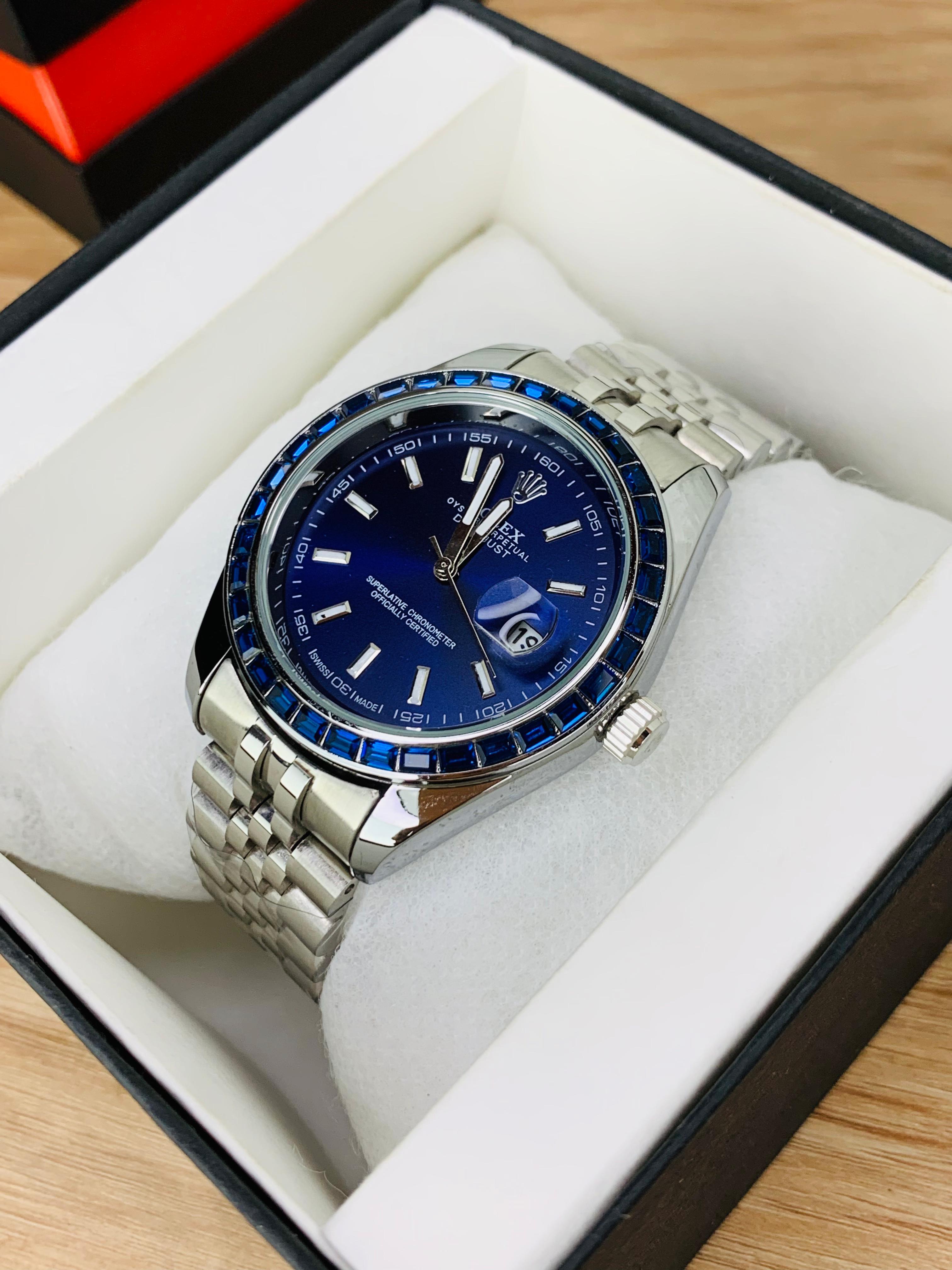  Blue Close-up of Rolex Stone Dial black face with date display